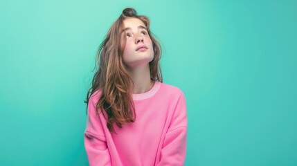 Obraz premium Young woman posing in pink sweater against blue wall. Contemporary fashion, modern style.