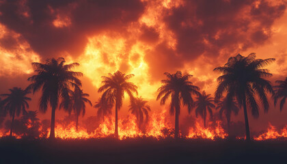 Obraz premium Palm trees silhouetted against a fiery wildfire at sunset, creating a striking landscape -