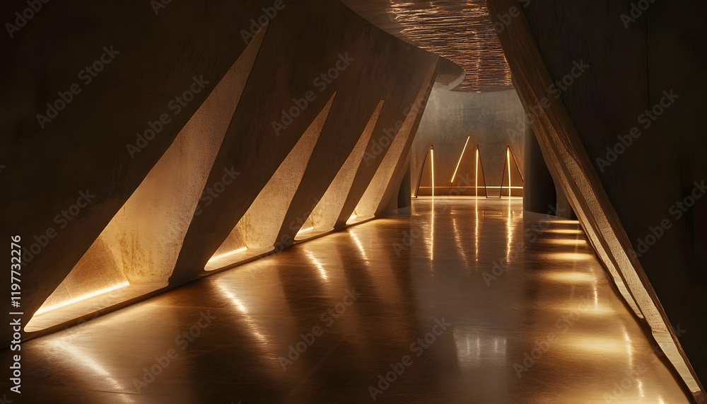 Poster minimalist futuristic corridor with leading triangular lights, creating a sci-fi atmosphere -