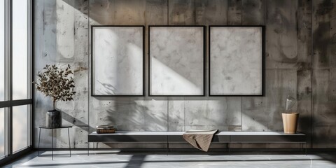 A spacious modern living room with concrete accent wall, wooden floors, minimalist decor and contemporary furniture. The space is brightened by natural light and features an artistic plant decoration.
