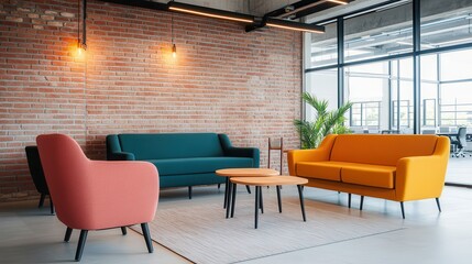 Industrial style combines modern design with exposed brick elements. Modern lounge with colorful sofas and industrial brick wall.