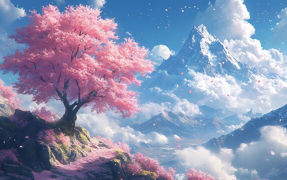 Spring Cherry Blossom Tree Mountain Landscape