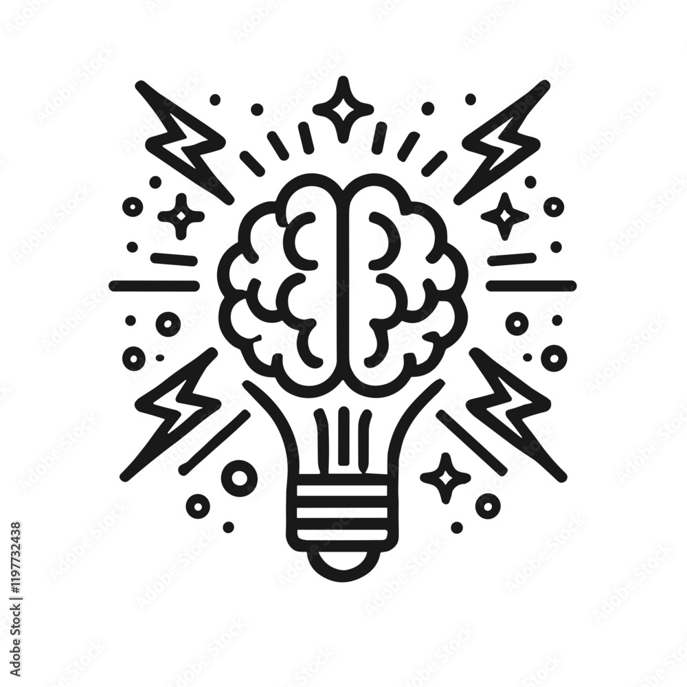 Poster a minimalistic black-and-white line art icon of brain storm power thinking in a vector style design