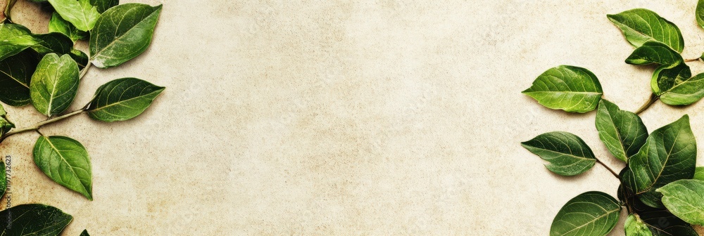 Poster leafy borders frame empty space for text on a textured background in natural tones. generative ai
