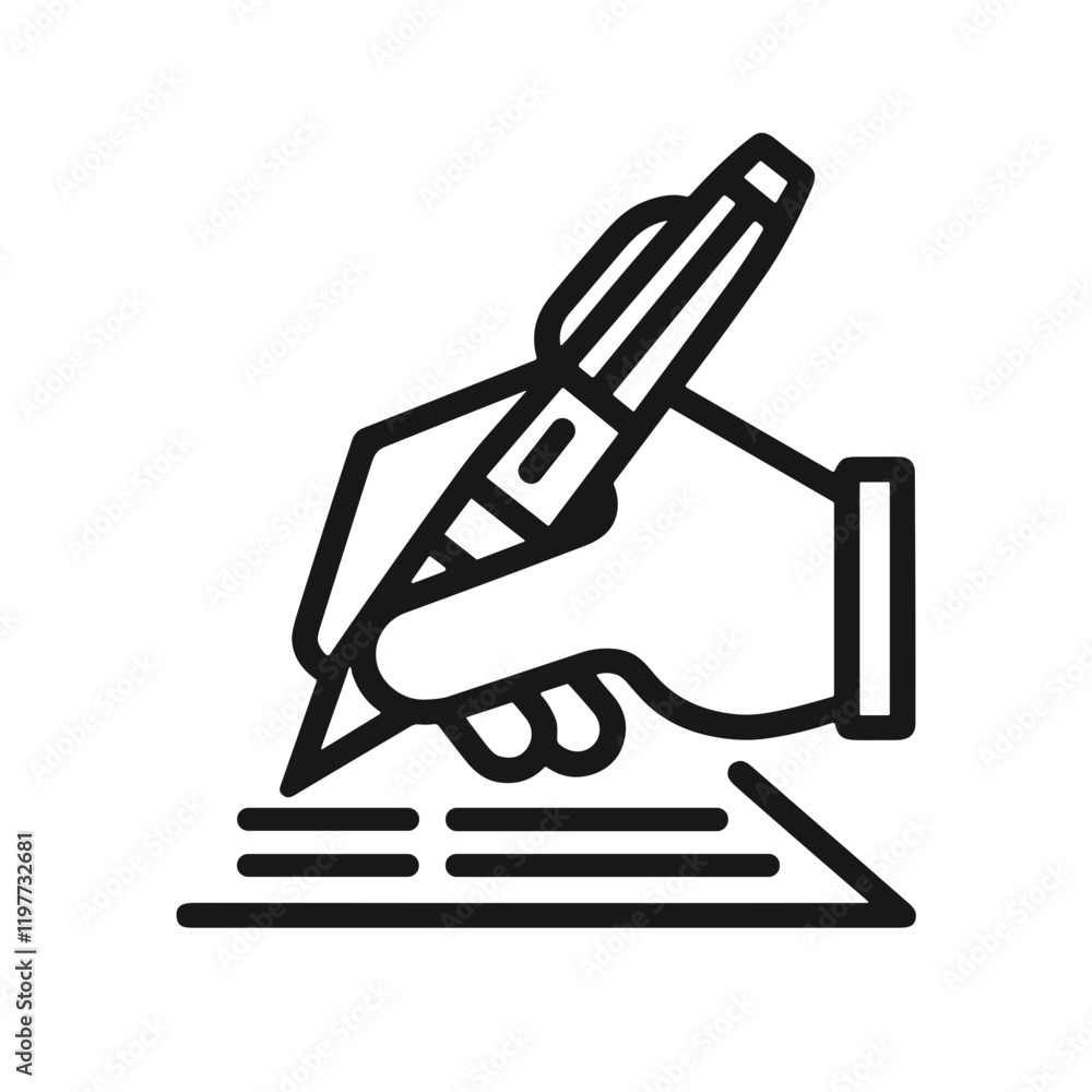 Poster a minimalistic black-and-white line art icon of pen signing a contract in a clean vector design that