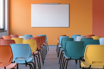 Colorful chairs arranged in a room with a whiteboard