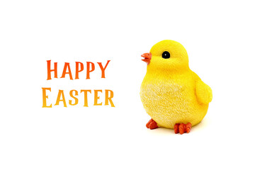 Greeting card with 'Happy Easter'. Yellow chick isolated on white background with text. Easter decoration.