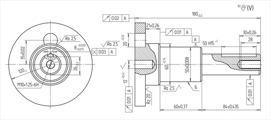 Assembly drawing of shaft of electrical reducer.
Vector design of steel mechanical device with 
dimension lines.
Engineering technic computer cad scheme on 
paper sheet. Hand drawn pencil sketch.