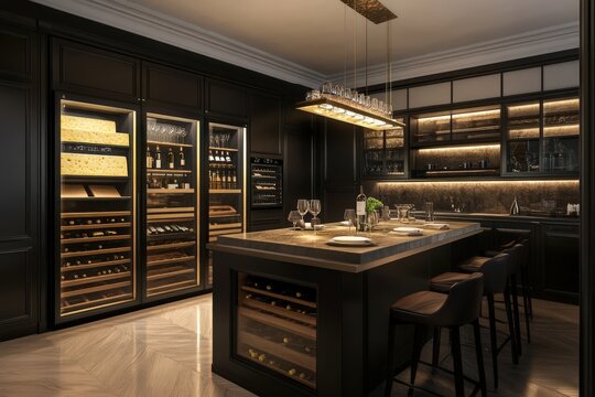 Modern Dark Kitchen Wine Cellar and Cheese Storage - Powered by Adobe