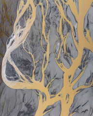 Aerial view of braided glacial river patterns in Hornafjörður, South Iceland..