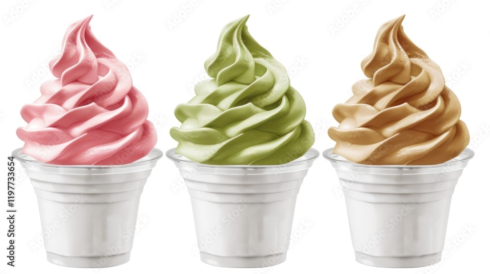 Poster three different flavored soft serve ice cream cones with colorful toppings.