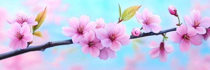 Watercolor Cherry Blossom Branch Illustration - Delicate pink blossoms, gentle spring breeze, vibrant colors, serene nature, tranquil beauty.  Symbolizing renewal, hope, beauty, peace, and new beginni