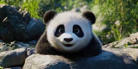 Adorable baby panda sitting on rocks in a forest setting. Part of the wildlife and animal collection.