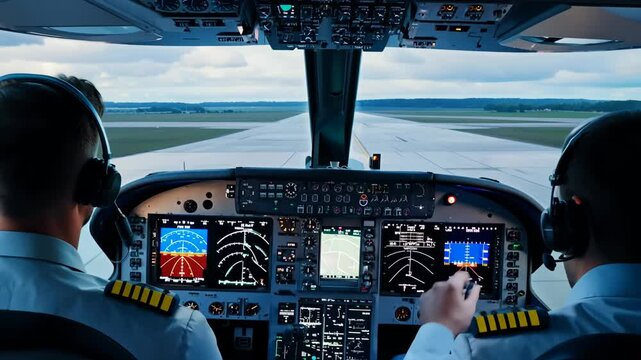 Two pilots seated in the cockpit of a modern airplane focus on illuminated control panels as they prepare for takeoff, with the runway and a cloudy sky visible through the windshield.