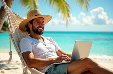 A man works on a laptop on the beach, lying on a hammock with a stunning view of the sea.