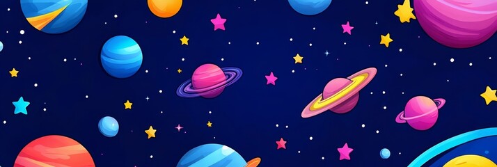 Whimsical Cartoon Planets and Stars  Pattern - Colorful cartoon planets, stars, and cosmic elements create a whimsical, joyful, and playful  pattern ideal for kids' products, textile designs, and vibr