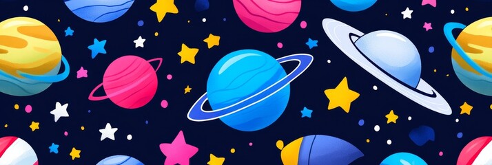 Naklejka premium Whimsical Cartoon Planets and Stars Pattern - Colorful space pattern featuring cartoon planets, stars, and cosmic elements. Symbolizing imagination, adventure, exploration, wonder, and joy.