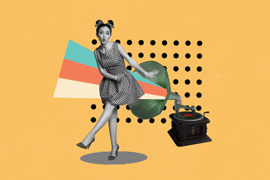 Trend artwork banner sketch 3D photo collage of young lady pinup style dress dance night carefree event nightclub entertainment gramophone