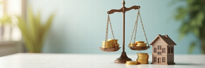 A symbolic representation of real estate and finance, featuring a balance scale with coins and a miniature house, illustrating the relationship between property and investment.