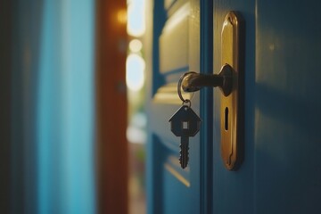 Open door to a new home with key and home shaped keychain. Mortgage, investment, real estate, property and new home concept, Generative AI