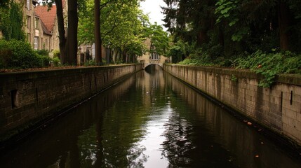 Fototapeta premium Quiet canals of Bruges, Belgium, lined with medieval architecture and lush greenery.