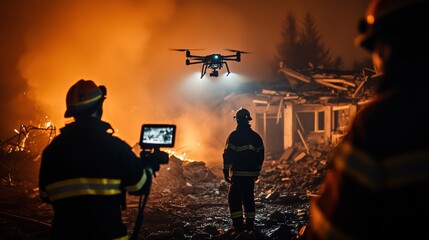Firefighters using a drone with a spotlight to monitor burning building at night, highlighting the role of drones in emergency rescue and firefighting.