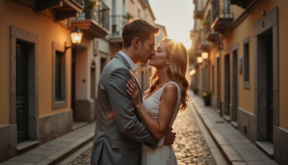Fototapeta premium Couple sharing a first kiss on cobblestone street at sunset, nostalgic charm