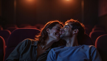 Obraz premium Couple sharing intimate whispers during movie, warm theater glow