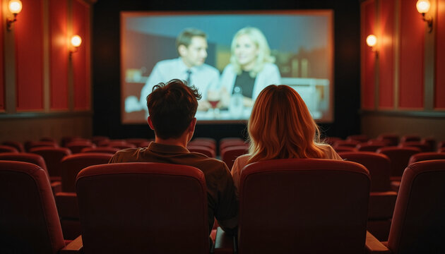 Nostalgic couple enjoying movie date in vintage cinema, heartfelt moment