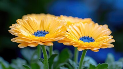 Obraz premium Vibrant yellow flowers with blue centers, garden setting, nature background, ideal for greeting cards