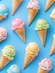 Assorted colorful ice cream cones in a light blue background, symbolizing joy and summer fun.