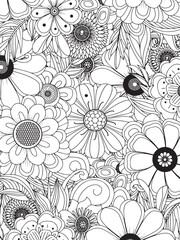 Floral Fantasy: An intricate black and white floral pattern, perfect for coloring or as a unique design element, showcasing a diverse array of stylized flowers, leaves, and whimsical shapes.