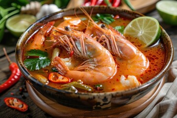 Thai shrimp soup with lemongrass and chili, served hot and spicy. Garnished with limes and fresh herbs for authentic flavor.
