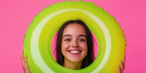 Smiling woman wearing vibrant yellow pool float around neck, highlighting summer and water safety gear.