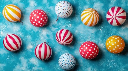 Obraz premium Colorful balloons flatlay, blue background, party decor, celebration.