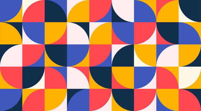 Fototapeta Trendy bauhaus style geometric pattern. Modern colorful background with simple elements. Geometric shapes retro texture concept. Design for print, presentation, minimalist poster. Vector illustration