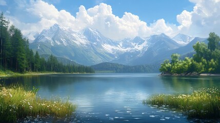 Fototapeta premium Serene mountain lake idyllically reflects bright sunlight peaceful landscape. AI Generated