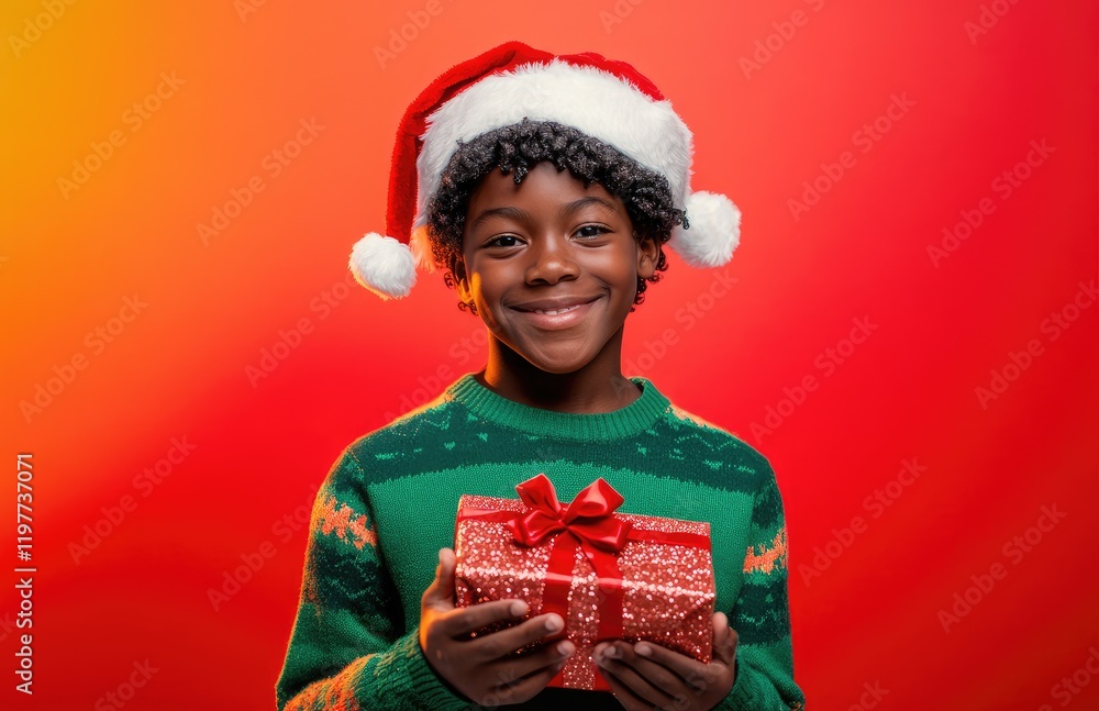 Wall mural A happy Black boy wearing a Christmas sweater and Santa hat, holding a wrapped gift with a red bow, isolated against a vibrant color background