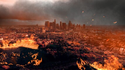 Wildfire engulfs urban landscape in Los Angeles as flames threaten the city skyline