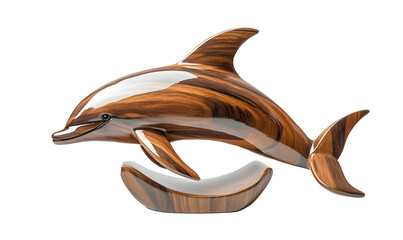 Wooden dolphin sculpture leaping, studio shot, dark background, home decor