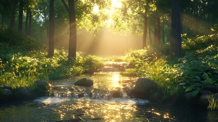 Obraz premium Golden sunlight streams through lush forest illuminating tranquil creek. AI Generated