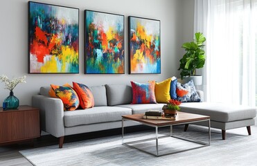 A living room with an empty wall, showcasing three large abstract paintings in different sizes and colors, a grey sofa adorned with colorful cushions