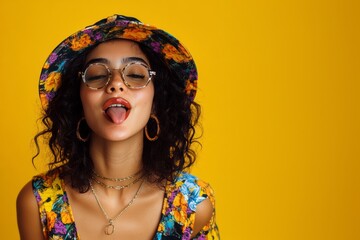 dame portant un chapeau seau tirant la langue à la manière chicano de Los Angeles, fond jaune