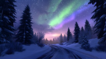 Northern lights, aurora borealis, snowy landscape, winter scene, pine forest, starry night sky, winding road, vibrant colors, green and purple sky, silhouette trees, magical atmosphere, cold winter 