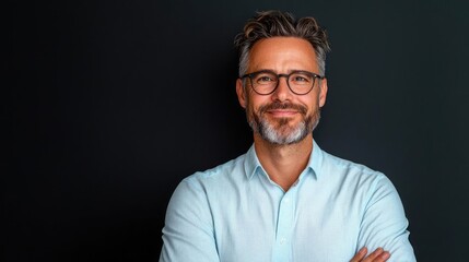Obraz premium Confident man, arms crossed, studio portrait, black background, professional headshot