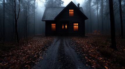 a dark house in the middle of a forest