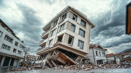 Collapsed building leaning dangerously after devastating earthquake in city