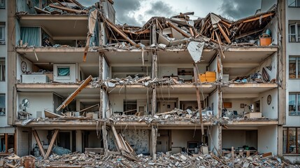 Destroyed building after earthquake or war, showing devastation and destruction