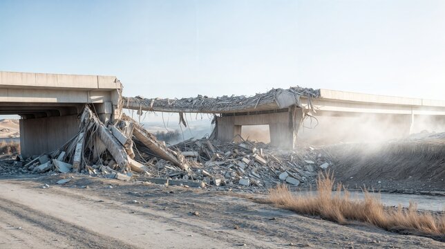 Demolition of a highway overpass creating a cloud of dust and debris