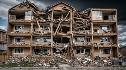 Destroyed building collapsing after natural disaster under dramatic sky